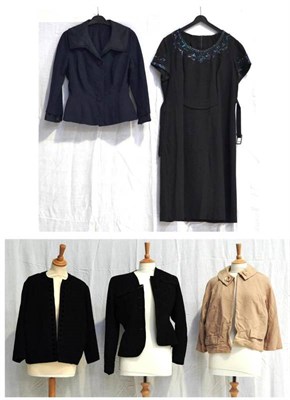 Lot 1125 - Assorted Circa 1940's and 1950's Day Dresses and Jackets including a black crepe dress with cut...