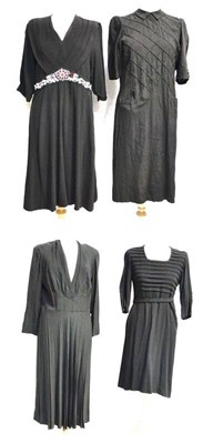 Lot 1127 - Assorted Circa 1940's and 1950's Crepe Day Dresses including a black crepe dress with v-shaped...