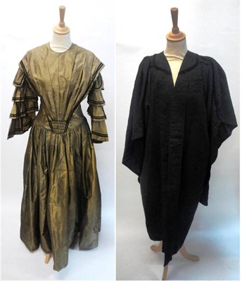 Lot 1233 - Victorian Olive Silk Dress with a v shaped bodice, tiered sleeves with black velvet trims; two...