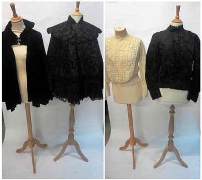 Lot 1242 - Black Velvet Evening Cape with three paste set clasps; Circa 1930's Pale Green Net Mounted...