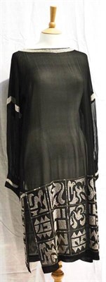 Lot 1245 - Circa 1920's Flapper Dress of black chiffon with long sleeves and silvered bead decoration to...