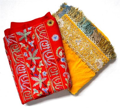 Lot 1251 - Early 20th Century Indian Yellow Velvet Cloth embroidered to the borders in metallic and silk...