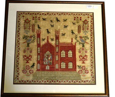 Lot 1269 - 19th Century Sampler of York Minster worked in red cross stitch to the minster and showing a...