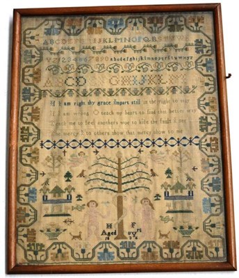 Lot 1271 - Framed Adam and Eve Sampler Worked by 'HF' Aged 11, 1836, with alphabet and religious verse,...