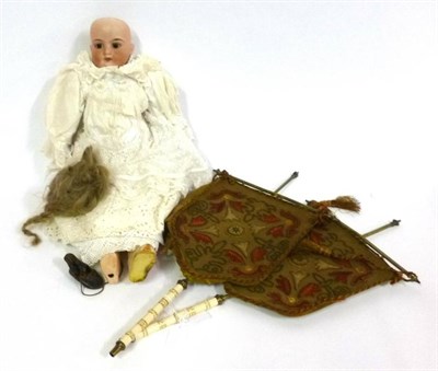 Lot 1000 - German Bisque Socket Head Doll impressed '4', with later wig, pierced ears, sleeping brown...