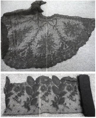 Lot 1056 - Assorted 19th Century and Later Black Lace Flounces, Shawls, Cape, black velvet bodice, dress...