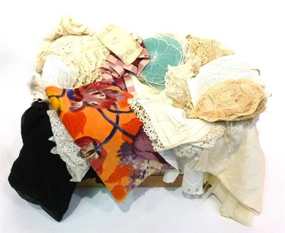 Lot 1074 - Assorted Lace Edgings, Panels, silks, collars, etc (one box)