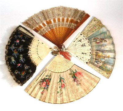 Lot 1164 - Late 18th Century Ivory Fan with pierced sticks and guards, paper mount painted with flowers...