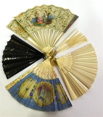 Lot 1174 - 19th Century Bone Fan pierced and painted guards and sticks, a gauze mount appliqued with...