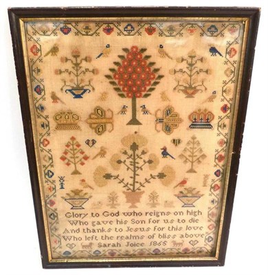 Lot 1219 - Framed Sampler Worked by Sarah Joice Dated 1865, worked in cross stitch with religious verse to the