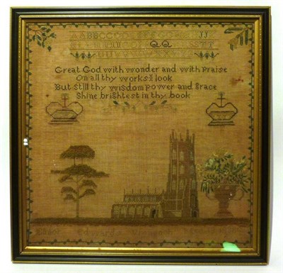 Lot 1230 - Framed Sampler Worked by Elinor Edwards Vrongooh, aged 13, dated 1838, depicting a church worked in