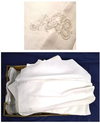 Lot 1030 - Assorted White Damask Linen Cloths, table linens, bed linens, some monogrammed JGB, etc (two boxes)