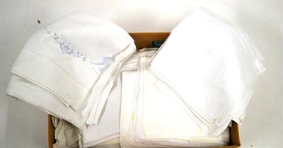 Lot 1032 - Assorted White Linen Damask Cloths, drawn thread work cloths, table linens etc (one box)