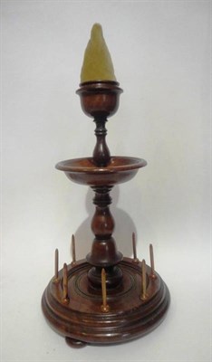 Lot 1060 - Victorian Mahogany Bobbin Stand with velvet pin cushion to the top, base 20cm diameter, 42cm high