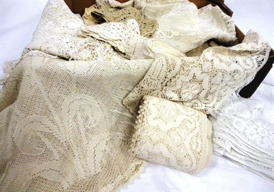 Lot 1071 - Assorted Textiles, Cotton Crochet Edgings, Trims etc; Large Cream Lace Veil with floral...