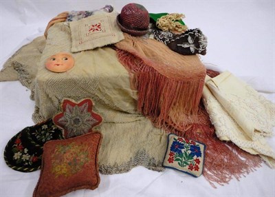 Lot 1073 - Assorted Sewing and Costume Accessories including pin cushions, small beaded wall pocket, two...