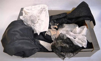 Lot 1092 - Assorted Costume Accessories including black lace shawl, black silk shawl embroidered with flowers