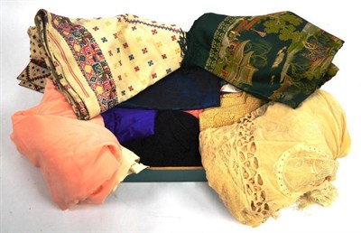 Lot 1093 - Circa 1920's Negligees and Under Wear; Liberty silk scarf, Eastern embroidered textiles; cream...