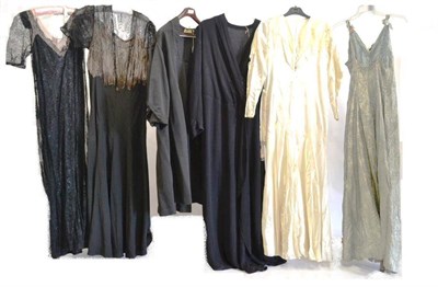 Lot 1122 - Circa 1930's and Later Costume including a black crepe full length faux wrap dress with long...