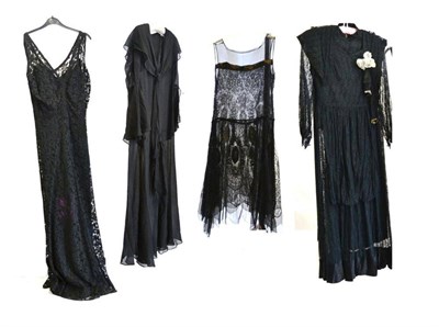 Lot 1137 - Circa 1920's and 1930's Black Chiffon and Lace Dresses including a lace drop waist flapper...