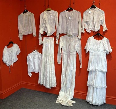 Lot 1142 - Edwardian White Cotton Dress full length with long sleeves, crochet inserts and embroidered...