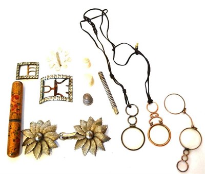 Lot 1150 - Assorted Costume Accessories including two paste set buckles, three lorgnettes, mother of pearl...