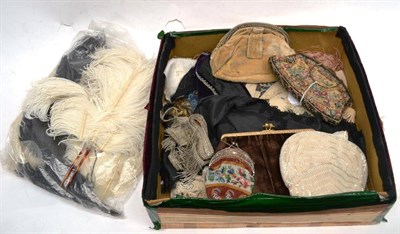 Lot 1151 - Assorted Costume Accessories including a small beadwork purse with embossed silver mount;...