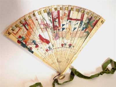 Lot 1158 - Late 19th Century Carved Ivory Brisee Fan decorated with figures within trees and buildings, carved