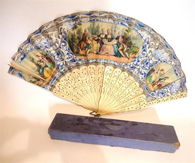 Lot 1160 - A Late 19th Century Bone Brisee Fan with carved and pierced decoration, pink silk leaf shaped...