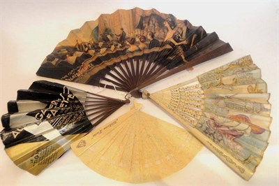 Lot 1162 - 19th Century Carved Bone Fan with carved sticks and guards inlaid with cut steel, painted gauze...