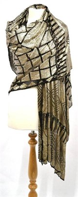 Lot 1166 - Large Assuit Shawl of geometric design on a black net back ground, 95cm by 250cm