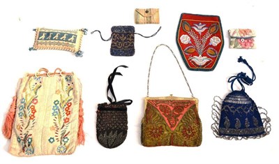 Lot 1173 - 19th Century and Later Bags including a red wool shaped pocket/purse with floral bead...