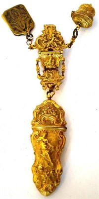 Lot 1176 - 19th Century Gilt Metal Chatelaine with embossed decoration depicting a classical figure and...