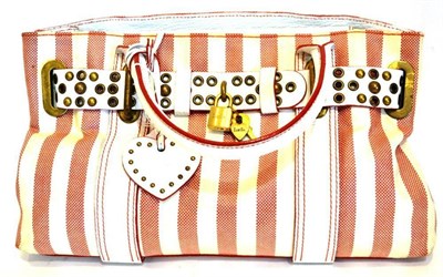 Lot 1198 - Luella Red and White Striped Suzi Tote Bag with brass fittings, twin handles, cream suede lining to