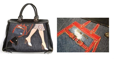 Lot 1200 - Miu Miu Twiggy Dog Handbag in dark denim and black 'cracked' leather, appliqued with a picture of a