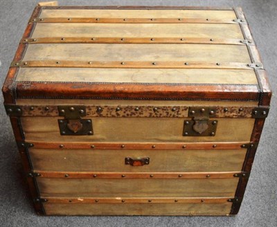 Lot 1205 - Late 19th Century Moreau French Cabin Trunk with a canvas mount, wooden mounts and leather trims to