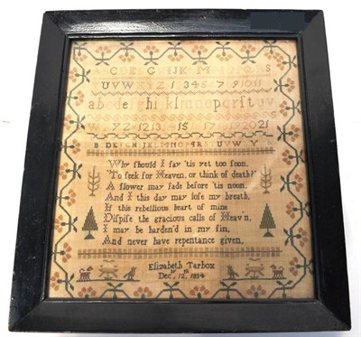 Lot 1215 - Framed Alphabet Sampler Worked by Elizabeth Tarbox, Dec 12th 1834, with religious verse within...