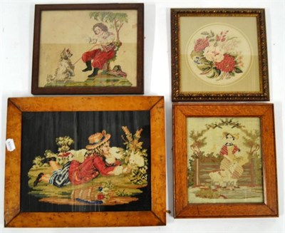 Lot 1217 - Four 19th Century Wool and Petit Point Pictures including a Shepherdess Under an Arbour in an...