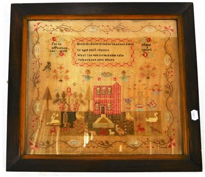 Lot 1218 - Framed 19th Century Sampler Worked by Sarah Needham Aged 9 Years, with a red brick house to the...