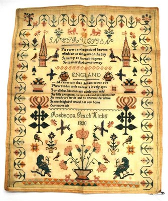 Lot 1223 - Unframed Sampler Worked by Rebecca *each Hicks Dated 1830, with religious verse, another verse...