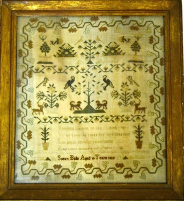 Lot 1224 - Framed Sampler Worked by Susan Balls Aged 10 1829, worked in cross stitch with religious verse...