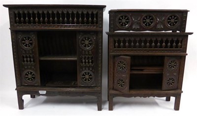 Lot 2008 - French Style Miniature Oak Furniture including two similar graduated cupboards with hinged...