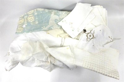 Lot 2015 - Assorted White and Embroidered Table Linen, two Chinese embroidered cloths etc (one box)