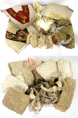 Lot 2017 - Assorted Lace and Crochet Trims and Edgings, appliques, three wool work panels, pair of gents...