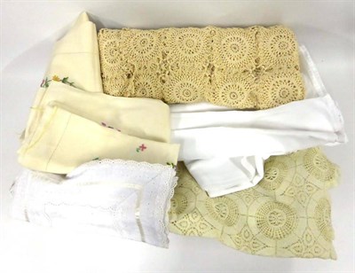Lot 2024 - Assorted White Linen and Textiles including a white linen table cloth embroidered with floral...