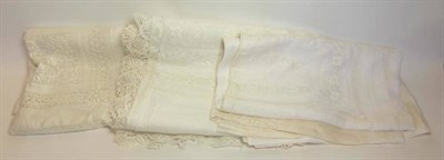 Lot 2030 - Chinese White Linen Cloth with drawn thread work, Another with crochet edging embroidered with...