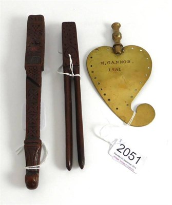 Lot 2051 - 19th Century Treen Knitting Sheath initialled 'MB' and carved with hearts and geometric motifs,...