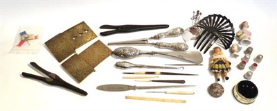 Lot 2059 - Assorted Sewing Accessories including pair of silver mounted glove stretchers, shoe horn and button
