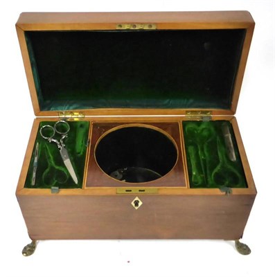 Lot 2061 - A George III Mahogany Rectangular Tea Caddy and Sewing Box with hinged lid, later fitted...