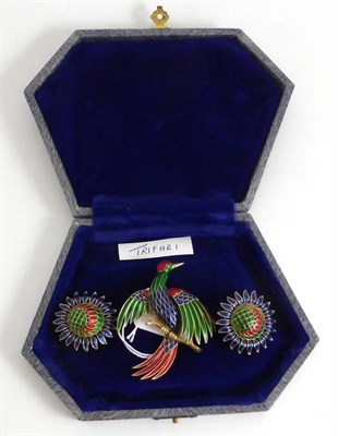 Lot 2068 - A Brooch and Earring Set, by Trifari, enamelled in red, blue and green, the brooch in the form of a